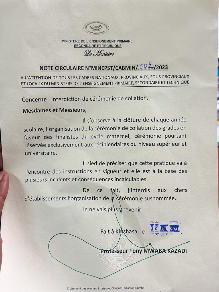 EPST : interdiction de l’organisation des cérémonies de collations des grades pour élèves de maternelle( Tony Mwaba)