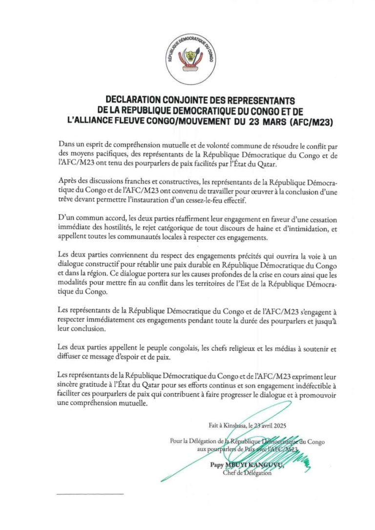 Pourparlers à Doha : Kinshasa et l’AFC/M23 conviennent de travailler pour une trêve (communiqué)